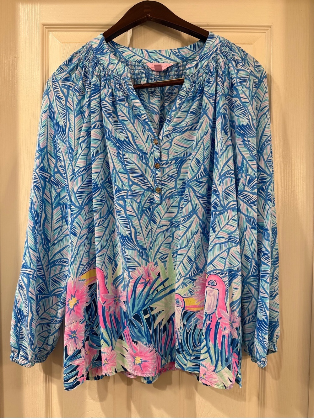 Lilly Pulitzer 100% Silk Elsa Top Blue Toucan Palm Floral Blouse Plus Size XL